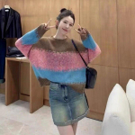 Vikerkaare triibuline silmkoeline sviiter 2023. aasta s&uuml;gisene pikkade varrukatega avarad kampsunid, naiste Korea talvemood, kudumid Top 29302 M kollane