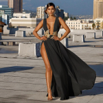 Lahti &uuml;hev&auml;rviline Seksikas moodne pulma-&otilde;htukleit V-kaelusega l&otilde;hki puhastav pikk kleit vabaajakleit S must