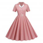 Naiste &otilde;htukleit Retro poolrealine &uuml;herealine A-kujuline suur kiik, l&uuml;hikeste varrukatega, alla keeratav krae V kaelusega ruuduline print k&otilde;rge v&ouml;&ouml;ga kitsas v&ouml;&ouml;koht daam M roosa