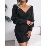 Casual Cross V-kaelusega silmkoeline kampsun, naiste moodne pikkade varrukatega roheline Bodycon kleit s&uuml;gistalvine seksikas kleit 23849 S must