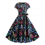 Naiste Kleit Muusika Scale Print &Uuml;mara kaelusega vibu rihmaga pingul v&ouml;&ouml;koht A-line suur &auml;&auml;ris V&auml;rvilised l&uuml;hikesed varrukad taga lukuga suletav Daami midikleit XL helesinine v&auml;rv