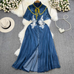 Ramp Elegantsed Naiste Volangkrae Cowboy S&auml;rgikleit Uus Vintage Suvine Tikitud Lilleline &Uuml;he Rinnaga Denim Pikk Kleit M sinine