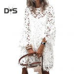 S&uuml;giskevadine naiste kleit &Otilde;&otilde;nes pits-lilletikandid &Uuml;markaelus Kahekihiline pikkade varrukatega &uuml;hev&auml;rviline avar etniline midikleit 2XL valge