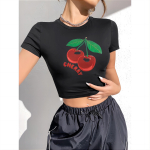 Cherry Puu- ja K&ouml;&ouml;giviljaprint &Uuml;markaelus l&uuml;hikeste varrukatega magus ja v&uuml;rtsikas T-s&auml;rk naiste suvine l&uuml;hike &otilde;huke Crop top S