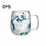 250 ml kahekordse seinaga klaaskruus, l&auml;bipaistev lilleline laia suuga tass k&auml;epidemega isolatsiooniga kohvikumm kohvitee &scaron;okolaadi jaoks 250ml sinine