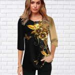 Naiste Pluus 3D Kuldsete Lillede Tr&uuml;kiga Lilleline Poolvarrukatega Topid Suvised Vabaaja Topid Tr&uuml;kitud &Uuml;mara Kaelusega Poolvarrukatega T-s&auml;rk XS kuld