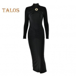 Naiste &Otilde;htukleit V&auml;ljal&otilde;igetega Liibuv Metallpandlaga Volangidega Elastne &Uuml;hev&auml;rviline Midikleit Pikkade Varrukatega Ballikleit L must