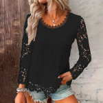 Naiste moodne soliidne pitstop ruudukujulise kaeluse ja pitsiliste pikkade varrukatega L