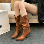 Uus stiil naiste k&otilde;rge kontsaga plisseeritud saapad naistele talvepruunid nahast l&auml;&auml;nesaapad naistele paksu kontsaga Cowgirl saapad 35 must