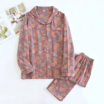 Uus kevad-s&uuml;gis naiste pidžaamakomplekt 100% puuvill žakaarkrae lilleline pikkade varrukatega pikad p&uuml;ksid kaheosaline koduriie M