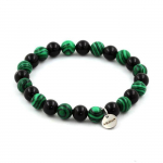 Pierres et Min&eacute;raux. Bracelet Perles Malachite + Agate noire 8 mm. Fabriqu&eacute; en France.