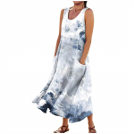 Naiste suvine vabaaja moekleit prindiga varrukateta &uuml;markaelusega taskukleit L sinine