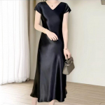 Elegantne satiinist l&uuml;hikeste varrukatega merineitsi kleit salendav suvine prantsuse stiilis kvaliteetne pikk kleit 4XL must