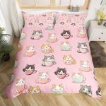 T&uuml;drukute Kawaii Kass Voodipesu Komplekt T&auml;is Kuninganna, Armas Kassipoeg Tekikate Multikas Tekikate V&auml;rvilised Lilled Taim Voodikate EU Single(135x200cm)