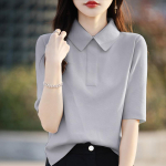 Klassikaline stiil Polo kraega J&auml;&auml;siidist kampsun Kevad ja suvi Uuendatud mitmek&uuml;lgne l&uuml;hikeste varrukatega Naiste T-s&auml;rk Rev&auml;&auml;riga pealmine osa XXL hall