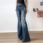 Taimedega tr&uuml;kitud tikand Y2K laienevad teksad naiste vintage skinny boot cut p&uuml;ksid mood t&auml;nav 2000ndad denim p&uuml;ksid s&uuml;gis L sinine