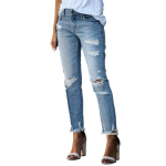 Naiste Kitsad Rebitud Jeansid Keskmise V&ouml;&ouml;kohaga Kulutatud Katki Denim P&uuml;ksid Taskutega Venivad Slim Fit Jean P&uuml;ksid M helesinine v&auml;rv