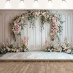Elegantne lilleline fotograafia pulmade taust - roosad ja valged roosid rohelised taimed ja keerukas pitsikujundus 100x150cm