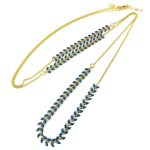 7bis [Q1458] - Sautoir artisanal 'Boho' turquoise fonc&eacute; dor&eacute; (&eacute;pi de bl&eacute;) - 94 cm 6 mm roheline