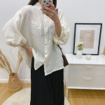 Johnature Vintage linane s&auml;rk naistele Kevadsuvi Mori Ruffles Lantern Sleeve Kolmeveerandvarrukatega Naiste pluusid One Size khaki