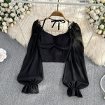 Voldid L&uuml;hike pluus Suvine kaldkriips kaelaga, pikkade varrukatega naiste lips p&auml;itsetega elastne v&ouml;&ouml;koht mood Prantsuse rannatopp one size