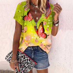 Naiste topp suvine uue moe roosilillega s&auml;rav liblikas tr&uuml;kitud vabaaja t&otilde;mblukuga V-kaelus l&uuml;hikeste varrukatega top XS