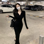 Vintage Black Bodycon Kleit Retro &otilde;htupeokleit Elegantne Wrap pikkade varrukatega kleidid naistele S&uuml;gisene V-kaelusega polo S must