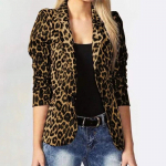 Kevad-s&uuml;gis pikkade varrukatega &uuml;herealine jakk Moodne Leopard Commuter Coat Temperament Turn Down Collar krae &uuml;likond 29444 L