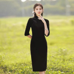T&auml;iustatud Cheongsami kleit, must temperament, pikkade varrukatega Cheongsam 2XL must