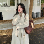 Keskmise pikkusega lahtine laisk kahepoolne villane mantel Talvine uus Korea &uuml;hev&auml;rviline vabaaja villane mantel M valge