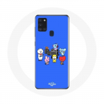 Coque pour Samsung Galaxy A21S BTS BT21 Tata Chimmy Cooky Rj Koya Shooky Et Mang Jouent De la musique Fond Bleu