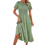 Naiste kleit, &otilde;&otilde;nsad, l&uuml;hikeste varrukatega, kaelusega A-joon avara all&auml;&auml;rega, plisseeritud lapiga, soliidne M roheline