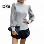 Naiste pikkade varrukatega topid, kaelus, litrid, puhvis varrukad, lapilised pluusid &uuml;hev&auml;rvilised, &otilde;hukesed vabaaja T-s&auml;rgid M hall