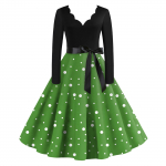 Naiste vabaaja mood V-kaelusega pikkade varrukatega retro t&auml;pilise mustriga retro kleit XXXL must