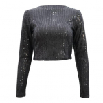 Naiste l&uuml;hikesed topid &uuml;mara kaelusega pikkade varrukatega litritega kaunistatud T-s&auml;rk lahtise l&otilde;ikega M must