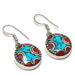 Natural Tibetan Turquoise, Coral Gemstone Handmade Jewelry Earring 1.38 h8v26