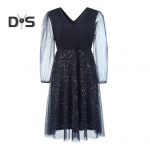 Suures suuruses t&auml;pimustriga &otilde;htukleit, kahekihiline &auml;&auml;risv&otilde;rk, varrukatega, &otilde;huke V-kaelusega A-line V-kaelusega balli pidulik midikleit XXL must