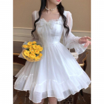 Valge Kawaii Kleit Naiste Sifonki Lolita Stiilis Pikkade Varrukatega Minikleidid Bow Haldjas R&uuml;&uuml; Volangid Lapikujuline kandiline krae S valge