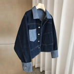 Retro kontrastsete v&auml;rvide rev&auml;&auml;riga teksajakk naistele S&uuml;gisene lahtine &uuml;he n&ouml;&ouml;pidega mantel Vabaaja mitmek&uuml;lgne l&uuml;hike pealmine osa 2XL sinine