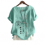 Naiste mood puuvillane linane pluus Suvine ja s&uuml;gisene &uuml;mara kaelusega l&uuml;hikeste varrukatega topp Laides Casua lillemustriga lahtine T-s&auml;rk S pruun