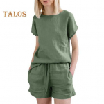Naiste Kaheosaline Komplekt Puuvillane Linane Suvine Sobiv Vabaaja Komplekt Vabaaja &Uuml;marakaelusega Pluus L&uuml;hike Kost&uuml;&uuml;m N&ouml;&ouml;rv&ouml;&ouml;kohaga Koduriieteks L armee roheline v&auml;rv