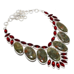 Natural Unakite,Garnet Gemstone Handmade 925 Sterling Silver Necklace 18 l7e86