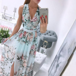 Elegantne lillemustriga kleit Seksikas s&uuml;gava V-kaelusega naiste kleit Boheemlaslik pikk kleit S