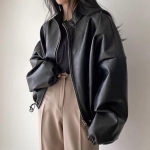 S&uuml;gis Talv T&auml;navastiil Vintage Vabaaja Mood PU Nahkjakk Naiste Taskutega Jakk Kampsun Top XL must