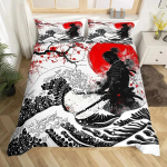 Jaapani Samurai Voodipesu Komplekt T&auml;issuuruses Kirsipuude Tekikate Punane P&auml;ike Hokusai Tekk Fuji M&auml;gi Tekikate 135x200cm