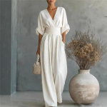 Naiste lina segu kombinesoon S&uuml;gava V-kaelusega Mansetiga varrukas K&otilde;rge v&ouml;&ouml;koht V&ouml;&ouml;ga Lai p&uuml;ksiosa Taskutega Vabaaja suve kombinesoon XXXL valge