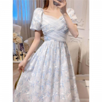 Suvine uus prantsuse stiilis retro elegantne l&uuml;hikeste varrukatega kleit Elegantne tipptasemel Sense printing puhvis varrukatega pikk kleit S sinine