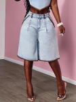 Naiste K&otilde;rge V&ouml;&ouml;koht Lai Jalg Denim L&uuml;hikesed P&uuml;ksid L&otilde;tv L&otilde;ige Lolita Stiilis Bermuda L&uuml;hikesed P&uuml;ksid 2026 Kevad Vintage Pesu N&ouml;&ouml;pidega Vabaaja Denim Alaosad XS sinine