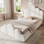 Polsterdatud voodi, &uuml;heinimesevoodi, lastem&ouml;&ouml;bel 90 x 200cm, voodi polsterdatud peatsiga, &uuml;marad nurgad, boucl&eacute;, beež 216 x 106 x 89 cm beež