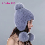 SOMALER naiste ehtsast naaritsakarusnahast m&uuml;tsid karusnahaga Pom Pom Talvise sooja kootud k&otilde;rvakaitsega nokam&uuml;tsid One Size sinine/lilla